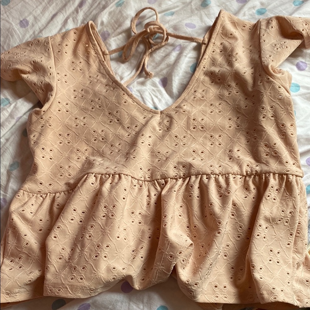 Pink Rose Tan Tie Front Peplum Blouse